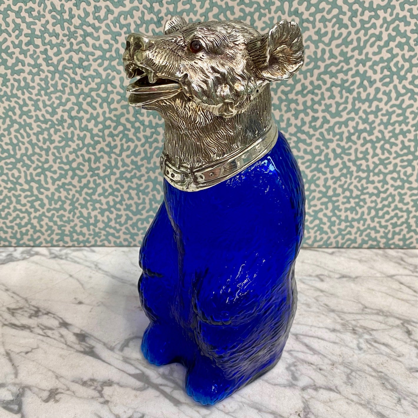 Blue Glass Bear Decanter With Silver Plated Head S10