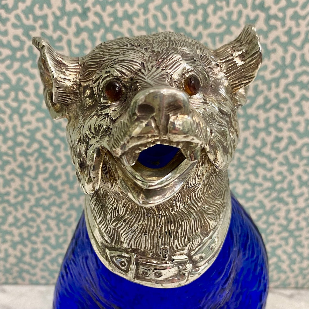 Blue Glass Bear Decanter With Silver Plated Head S10