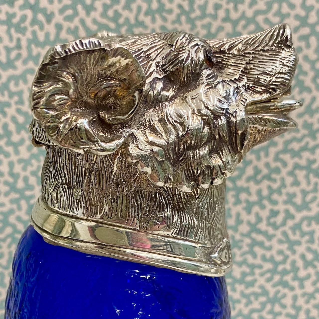 Blue Glass Bear Decanter With Silver Plated Head S10