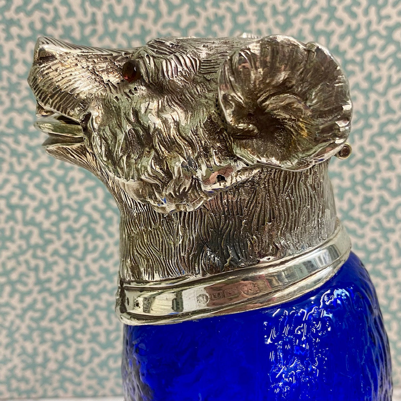 Blue Glass Bear Decanter With Silver Plated Head S10