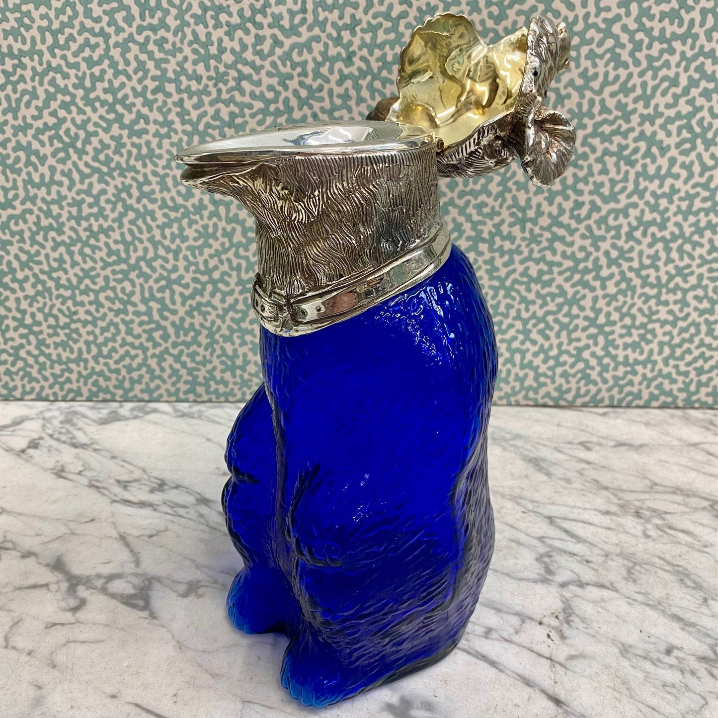 Blue Glass Bear Decanter With Silver Plated Head S10
