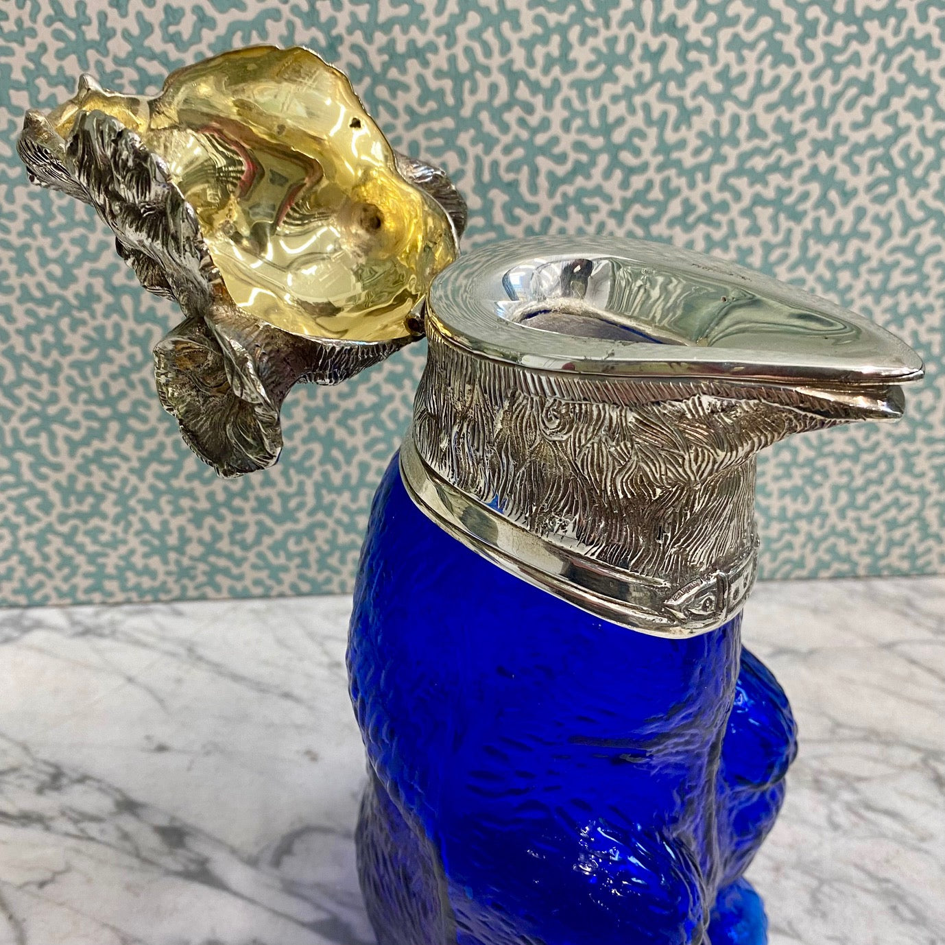 Blue Glass Bear Decanter With Silver Plated Head S10