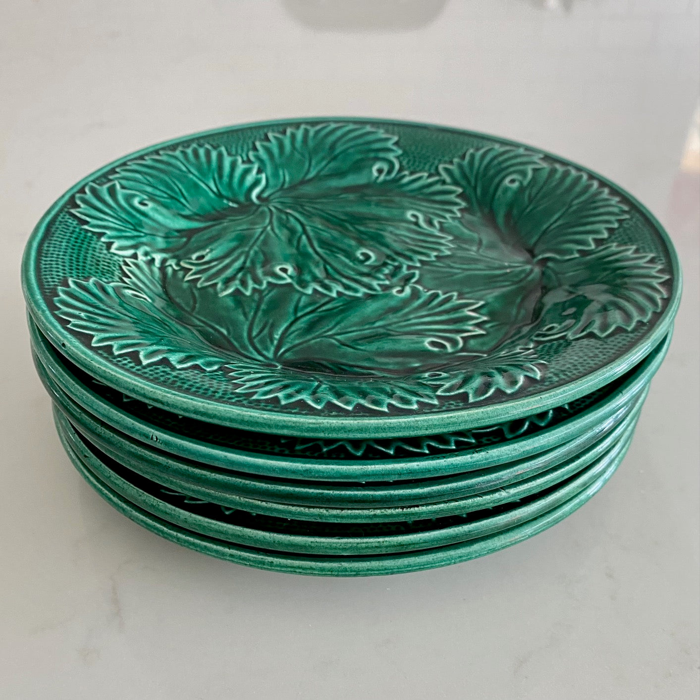 SET 6 ANTIQUE GREEN LEAF SIDE PLATES