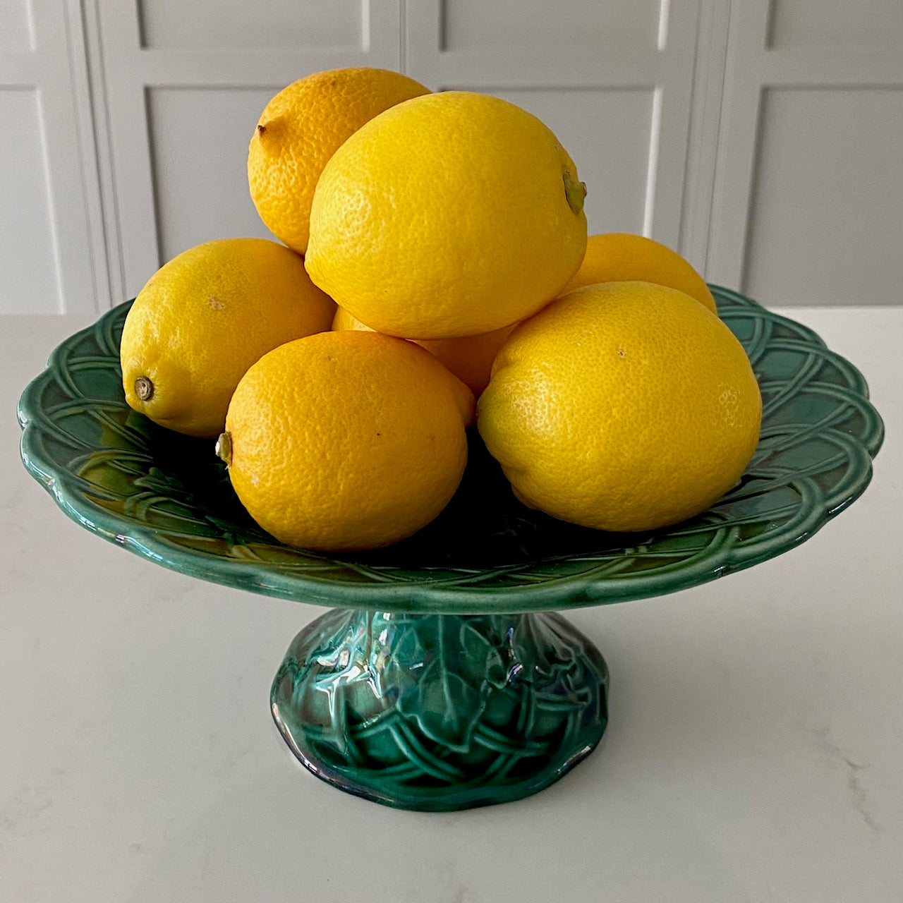 ANTIQUE GREEN LEAF & BASKETWEAVE TAZZA FRUIT STAND