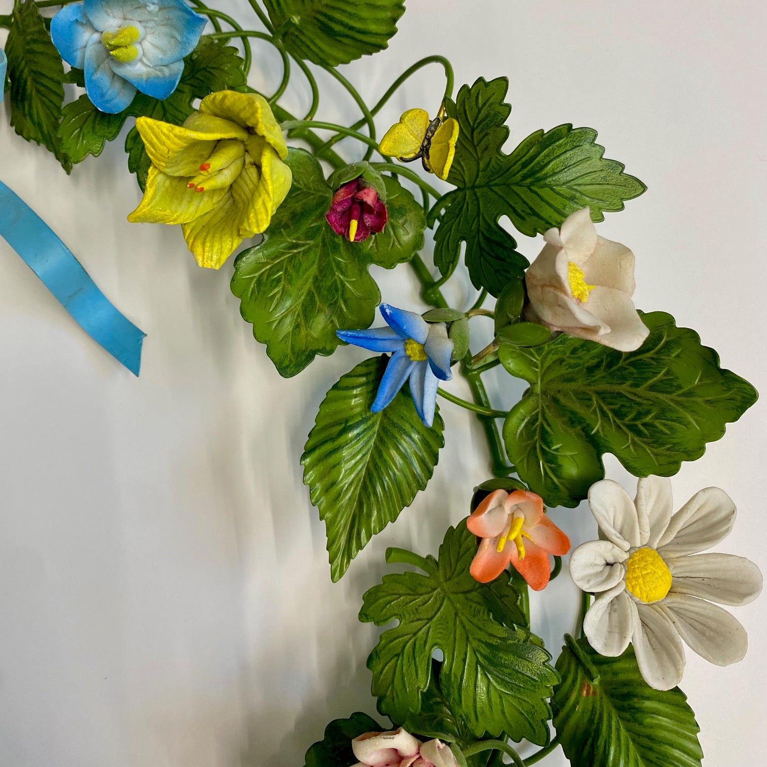 Large Vintage Metal Wreath With Ceramic Flowers  G168