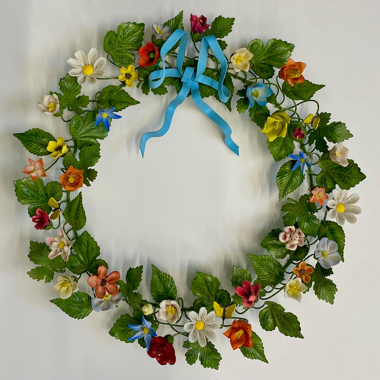 Large Vintage Metal Wreath With Ceramic Flowers  G168