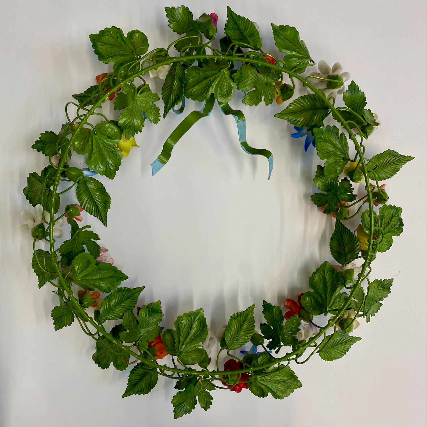 Large Vintage Metal Wreath With Ceramic Flowers  G168