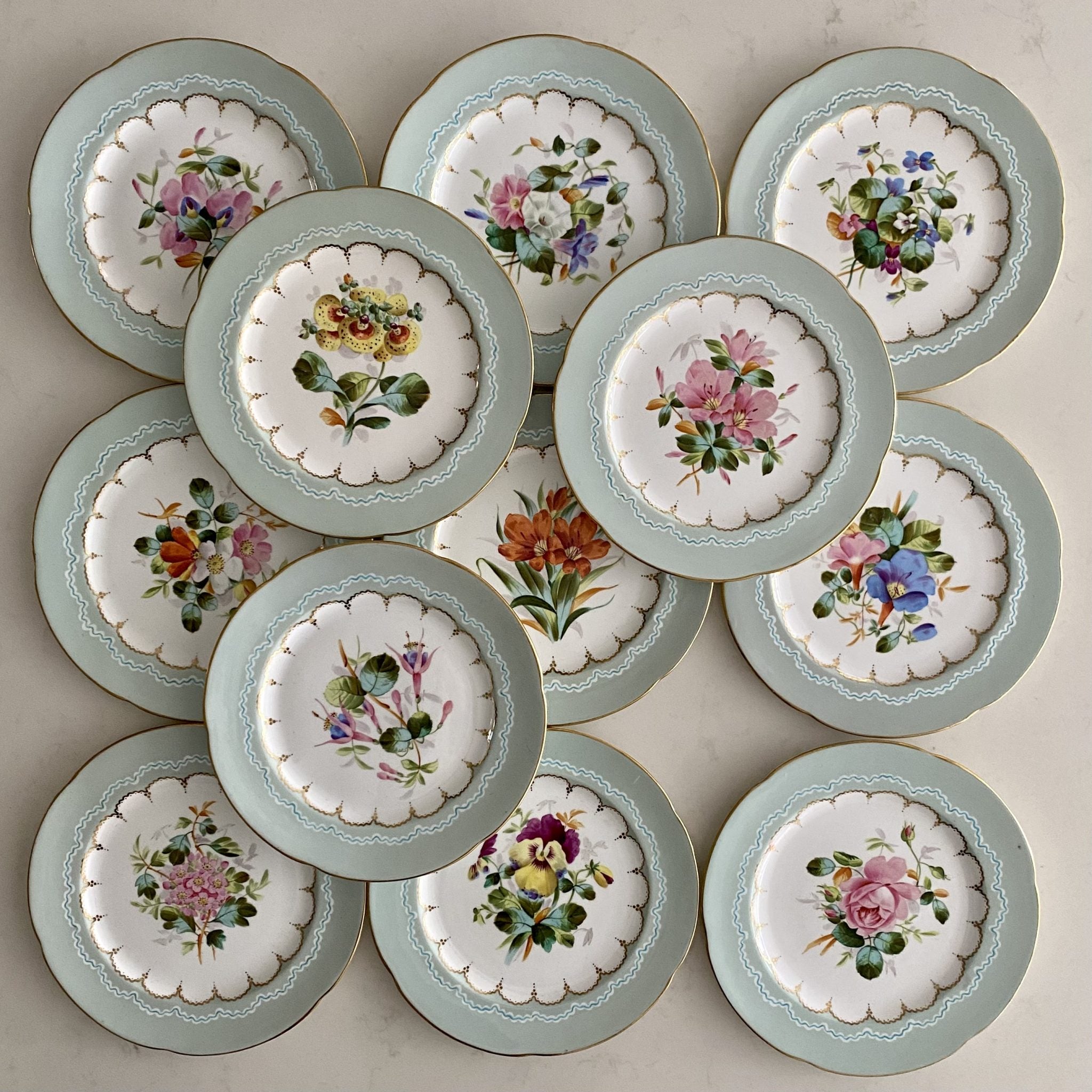SET 12 PALE BLUE RIMMED HAND PAINTED FLOWER PLATES – RESERVED