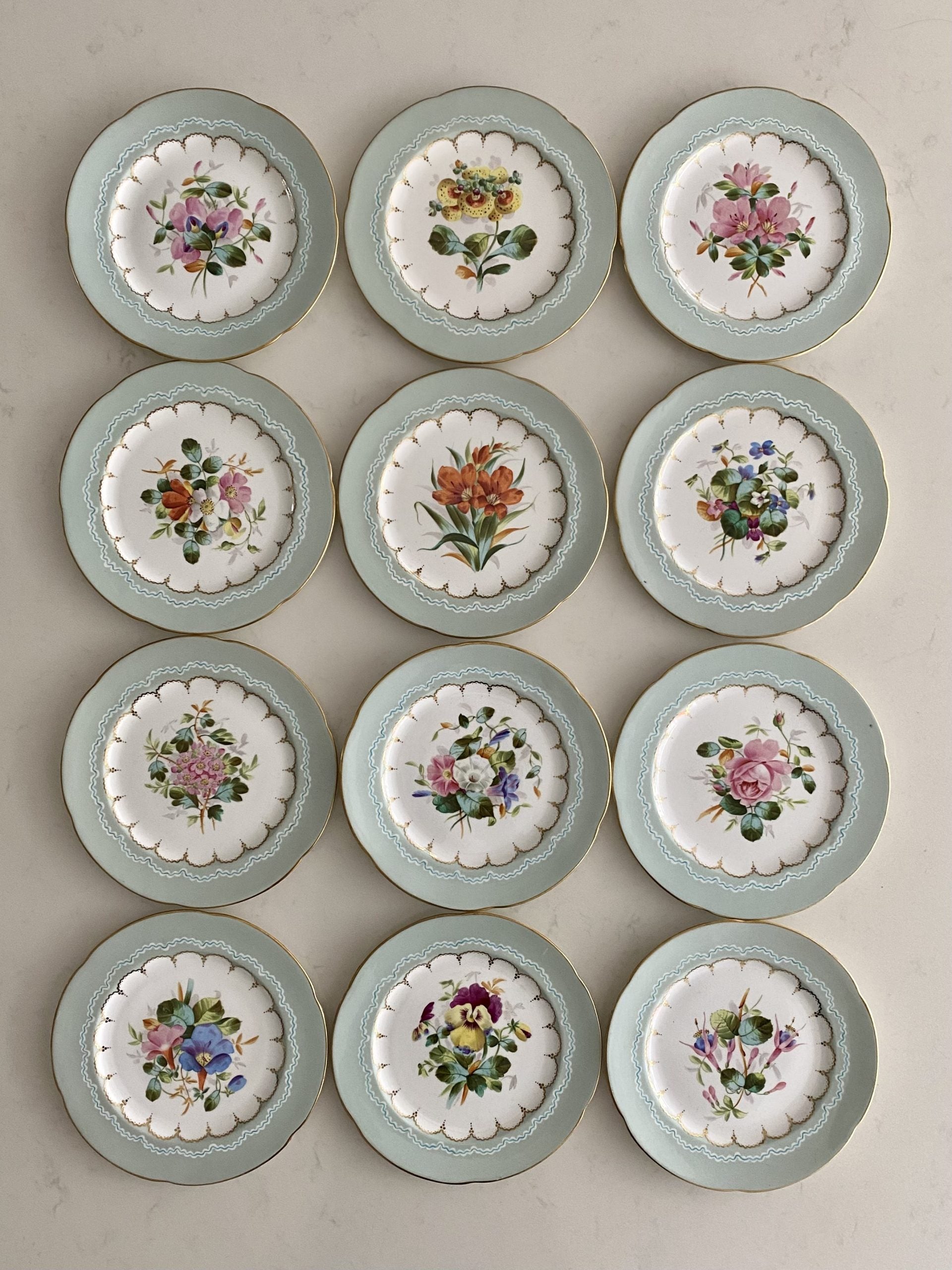 SET 12 PALE BLUE RIMMED HAND PAINTED FLOWER PLATES – RESERVED