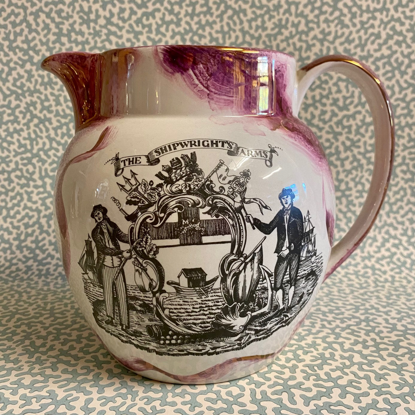 T73 ANTIQUE PINK LUSTRE SHIPWRIGHTS ARMS LARGE JUG