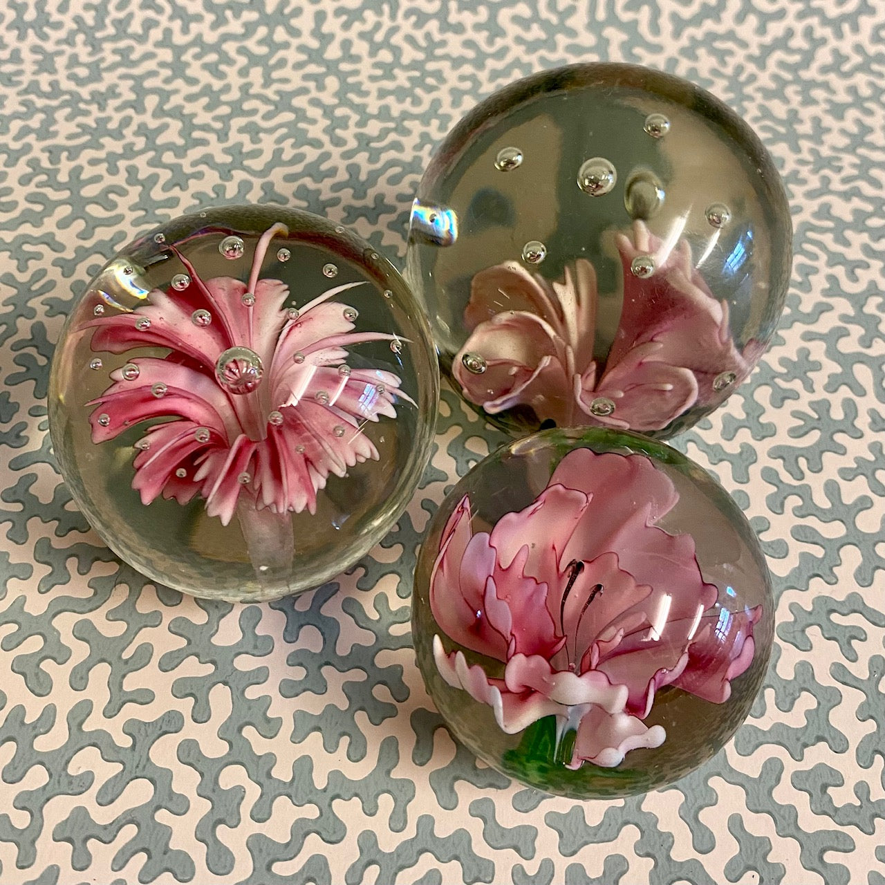 Handblown Handmade Paperweight factory encased pink flower with 2 swans