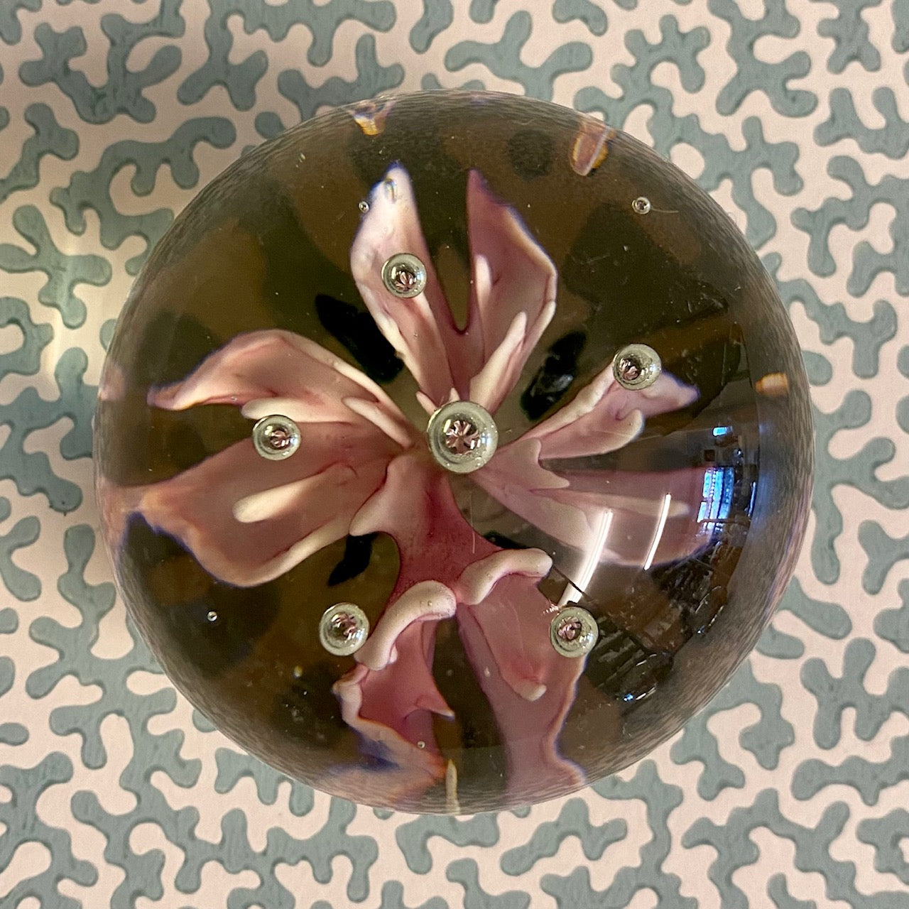 VINTAGE PINK FLOWER GLASS PAPERWEIGHTS