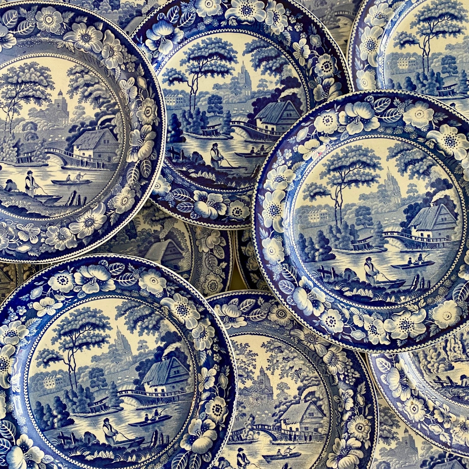 Fabulous Set 20 Wild Rose Staffordshire Blue & White Plates  G163