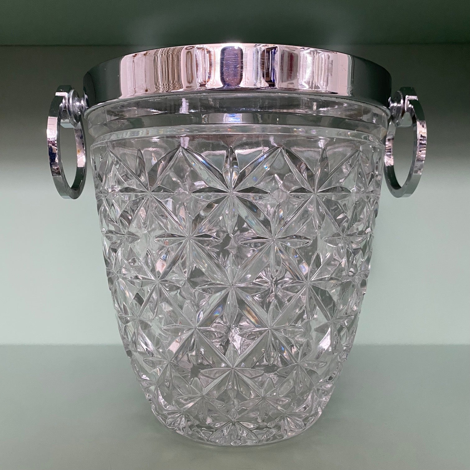 Vintage Star Cut Glass Champagne Cooler with Chrome Rim and Handles  F157