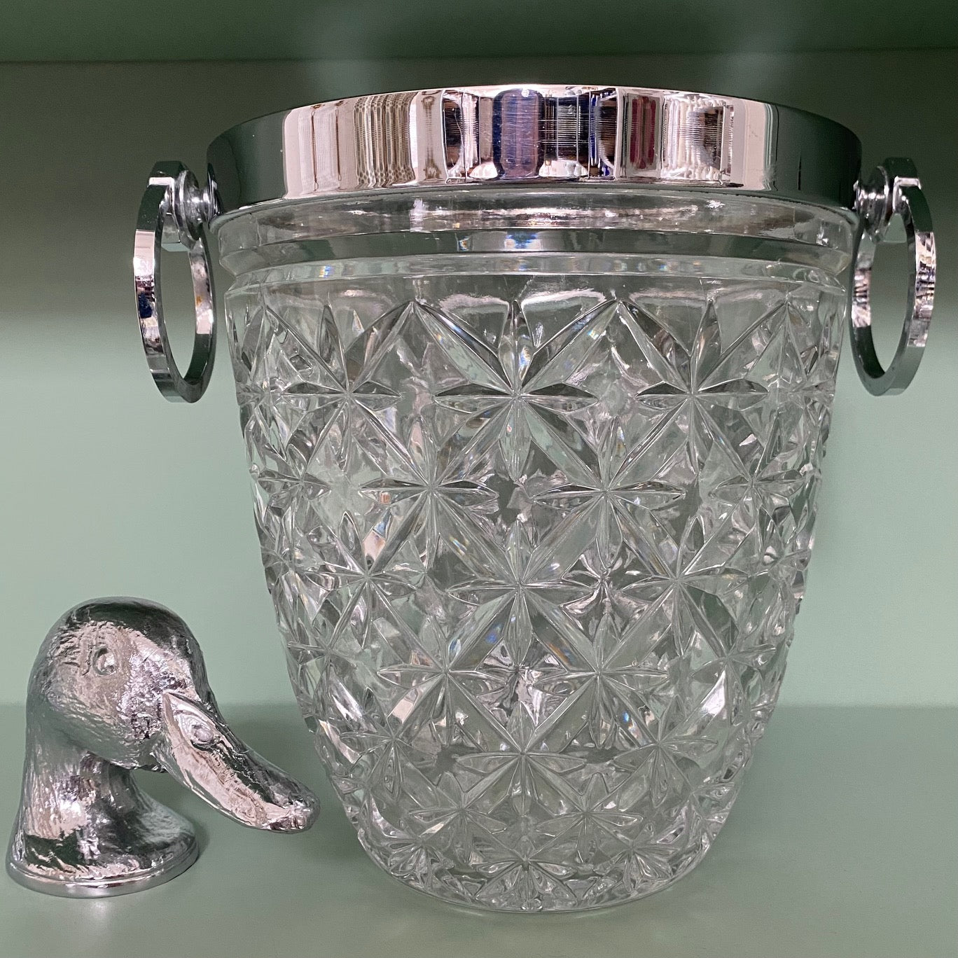 Vintage Star Cut Glass Champagne Cooler with Chrome Rim and Handles  F157