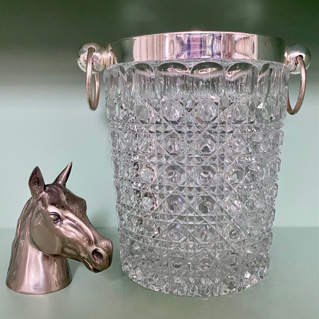 1950's Val St Lambert Crystal Ice Bucket with Silver Plated Rim and Handles  A108