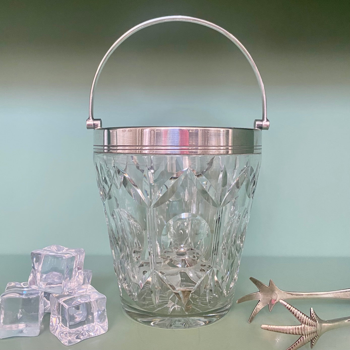 1950's English Cut Glass Ice Bucket with Silver Plate Rim and Handle  Z87