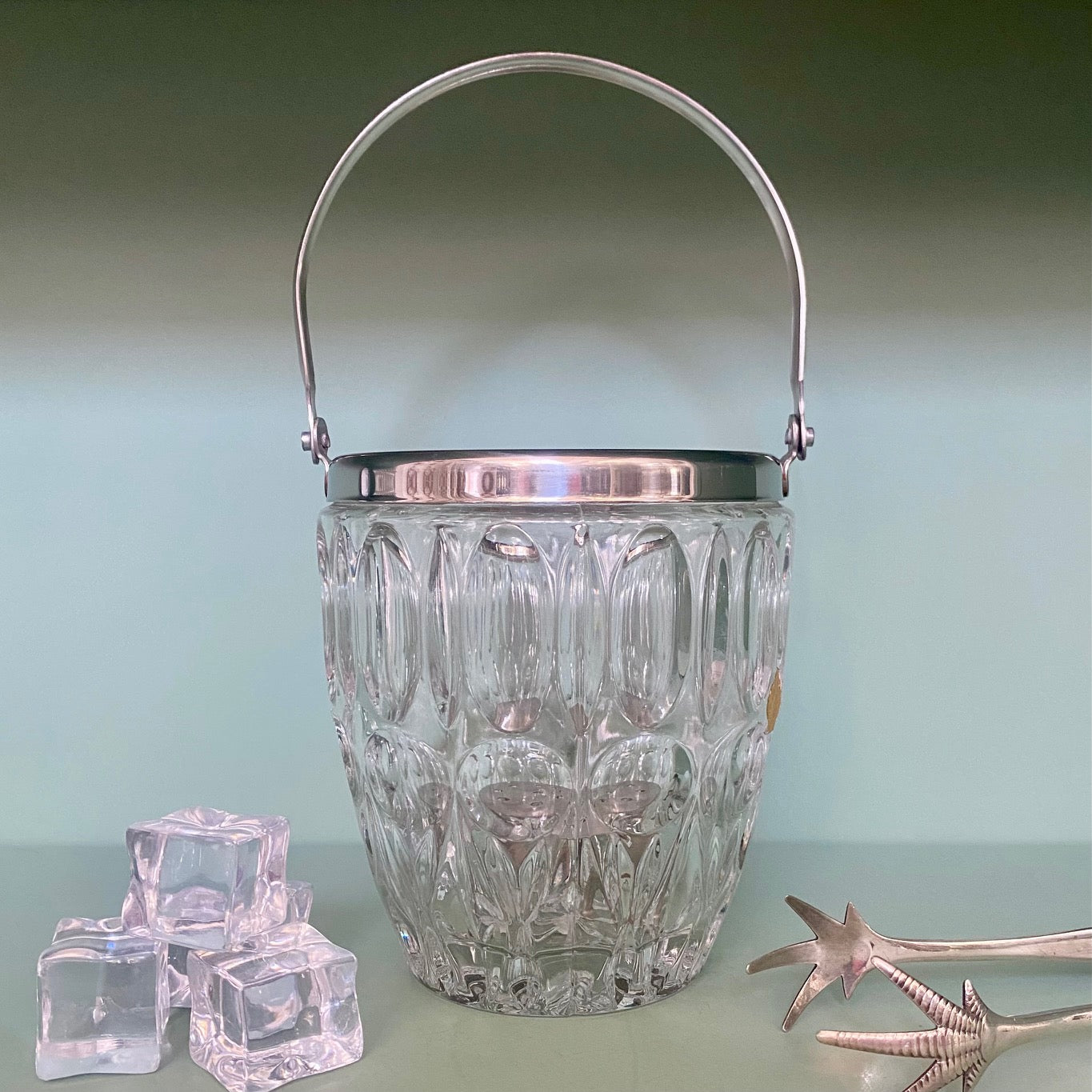 German Crystal Ice Bucket with Silver Plated Rim and Handle  Y59