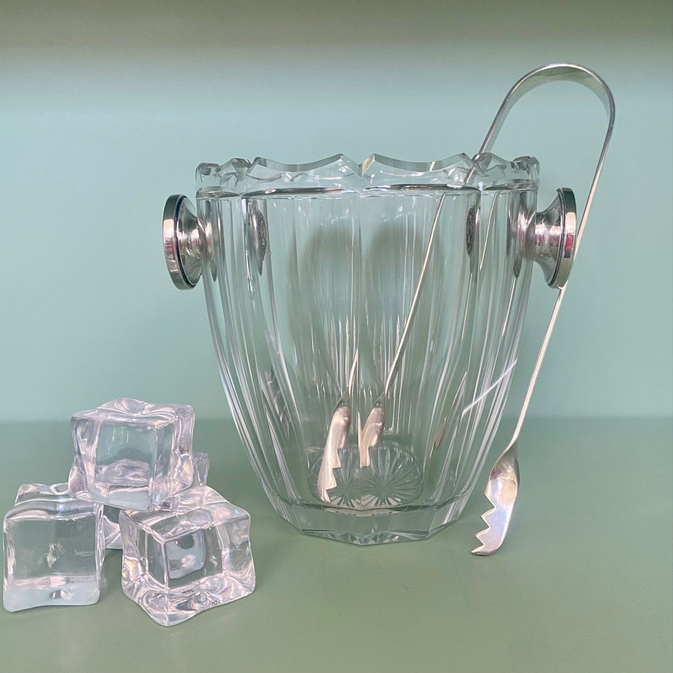 French Crystal Ice Bucket with Silver Handles and Matching Silver Tongs  I22