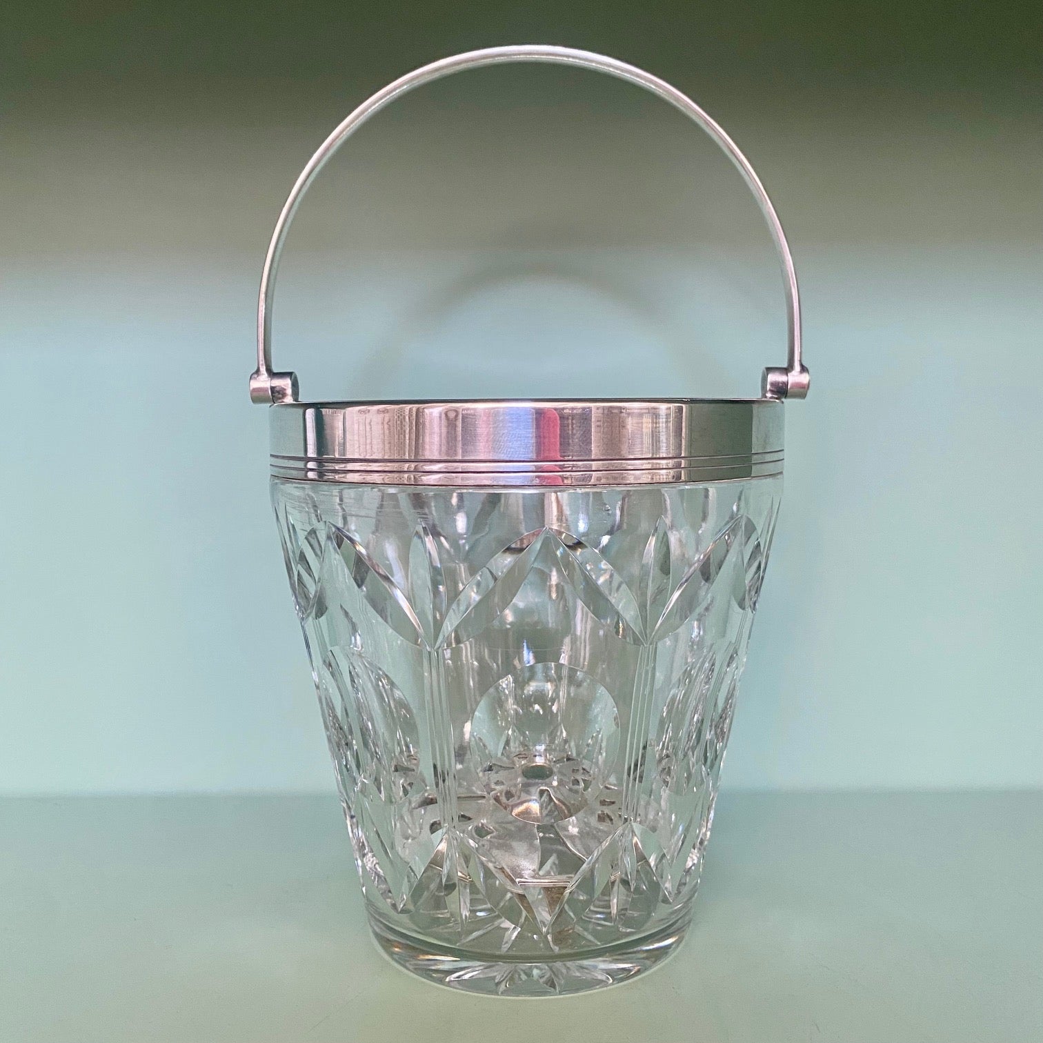 1950's English Cut Glass Ice Bucket with Silver Plate Rim and Handle  Z87