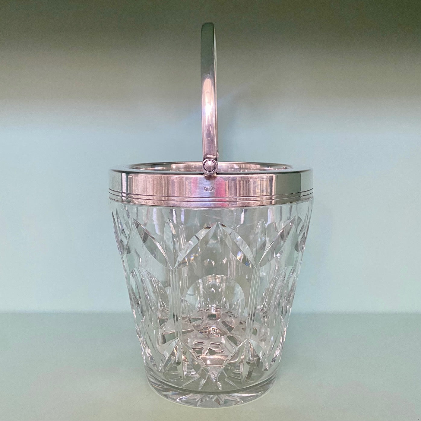 1950's English Cut Glass Ice Bucket with Silver Plate Rim and Handle  Z87