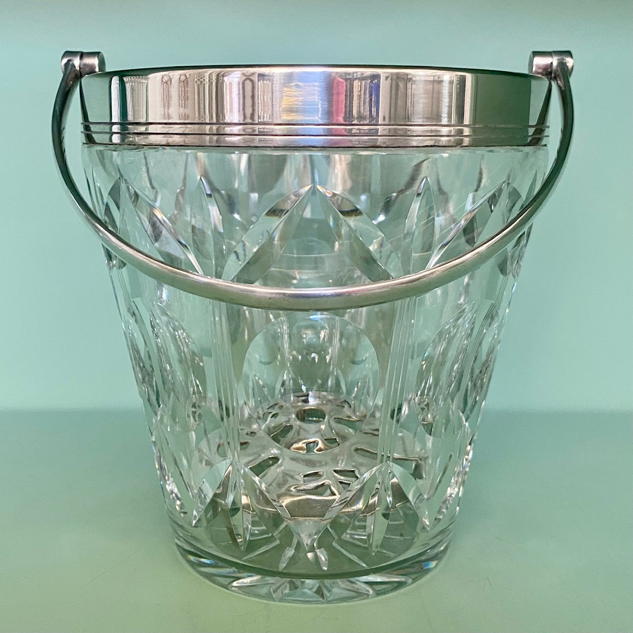 1950's English Cut Glass Ice Bucket with Silver Plate Rim and Handle  Z87