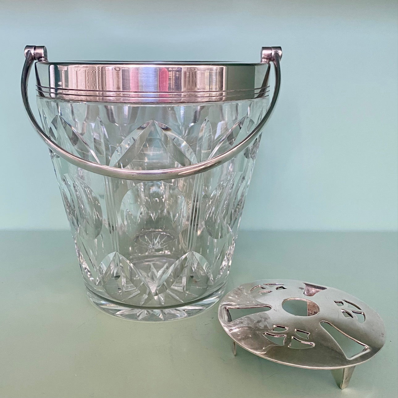 1950's English Cut Glass Ice Bucket with Silver Plate Rim and Handle  Z87