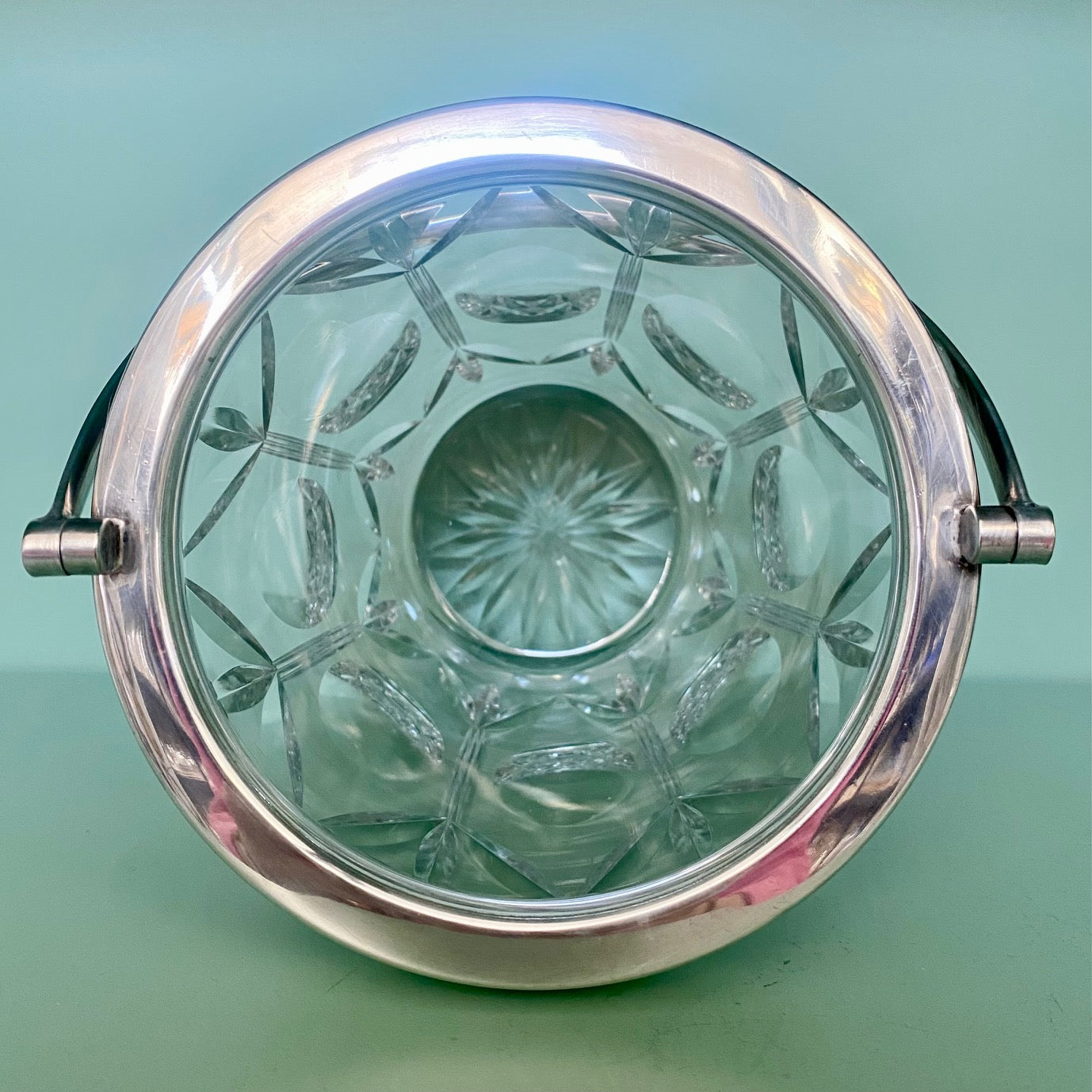 1950's English Cut Glass Ice Bucket with Silver Plate Rim and Handle  Z87