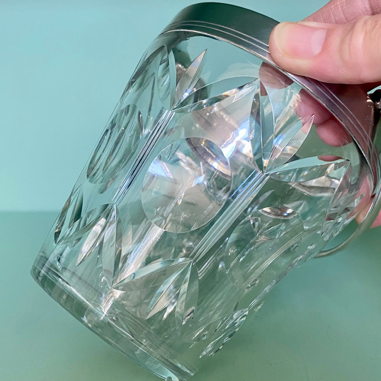 1950's English Cut Glass Ice Bucket with Silver Plate Rim and Handle  Z87