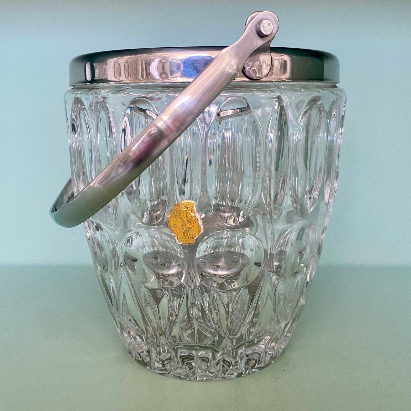German Crystal Ice Bucket with Silver Plated Rim and Handle  Y59