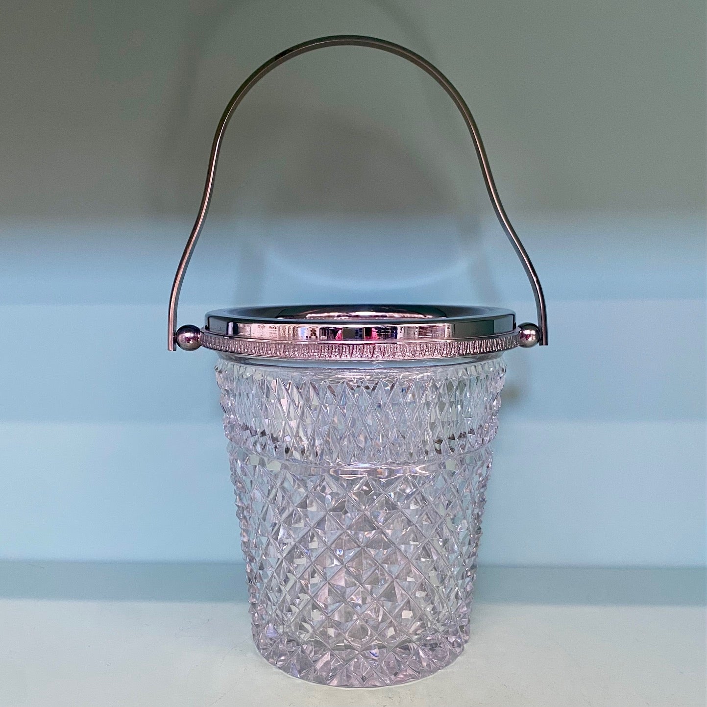 1950's Val St Lambert Small Crystal Ice Bucket with Chrome Rim and Handle  B157