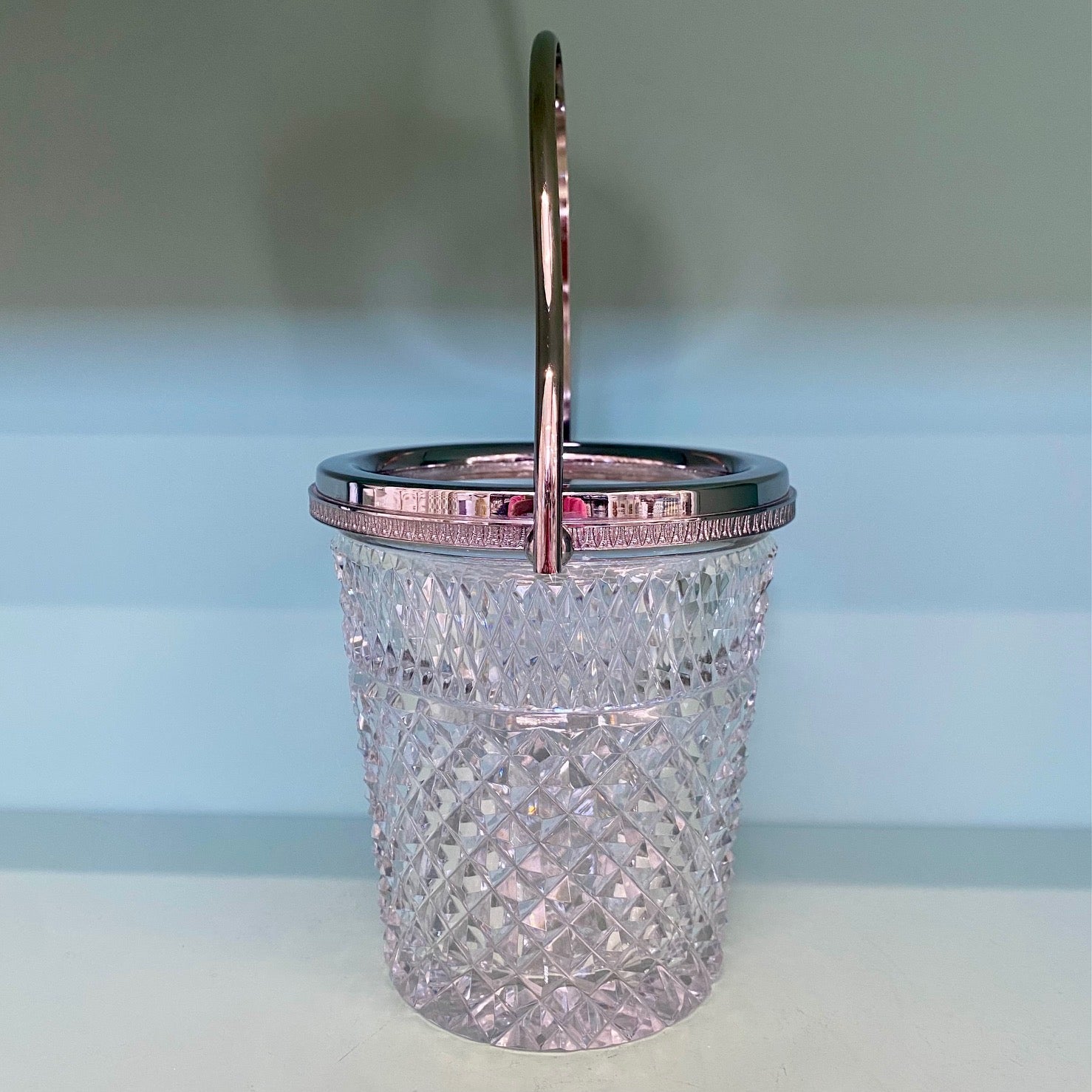 1950's Val St Lambert Small Crystal Ice Bucket with Chrome Rim and Handle  B157