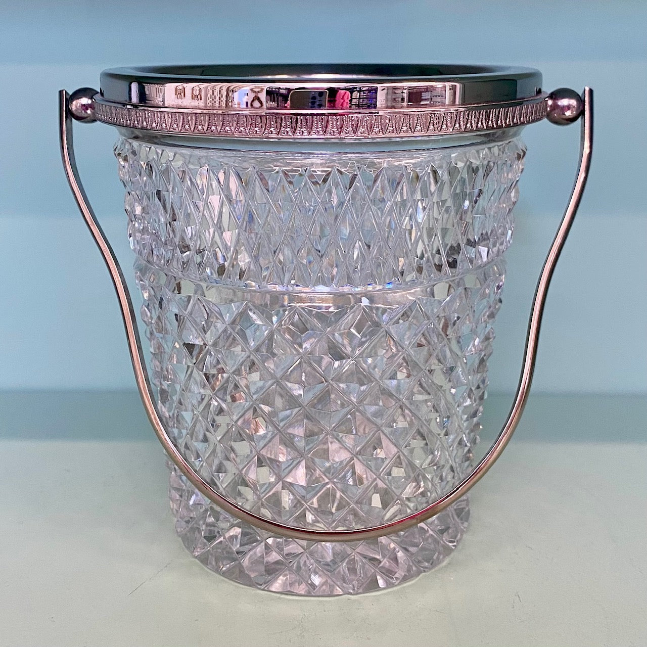 1950's Val St Lambert Small Crystal Ice Bucket with Chrome Rim and Handle  B157