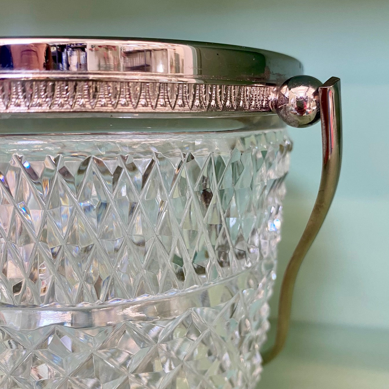 1950's Val St Lambert Small Crystal Ice Bucket with Chrome Rim and Handle  B157