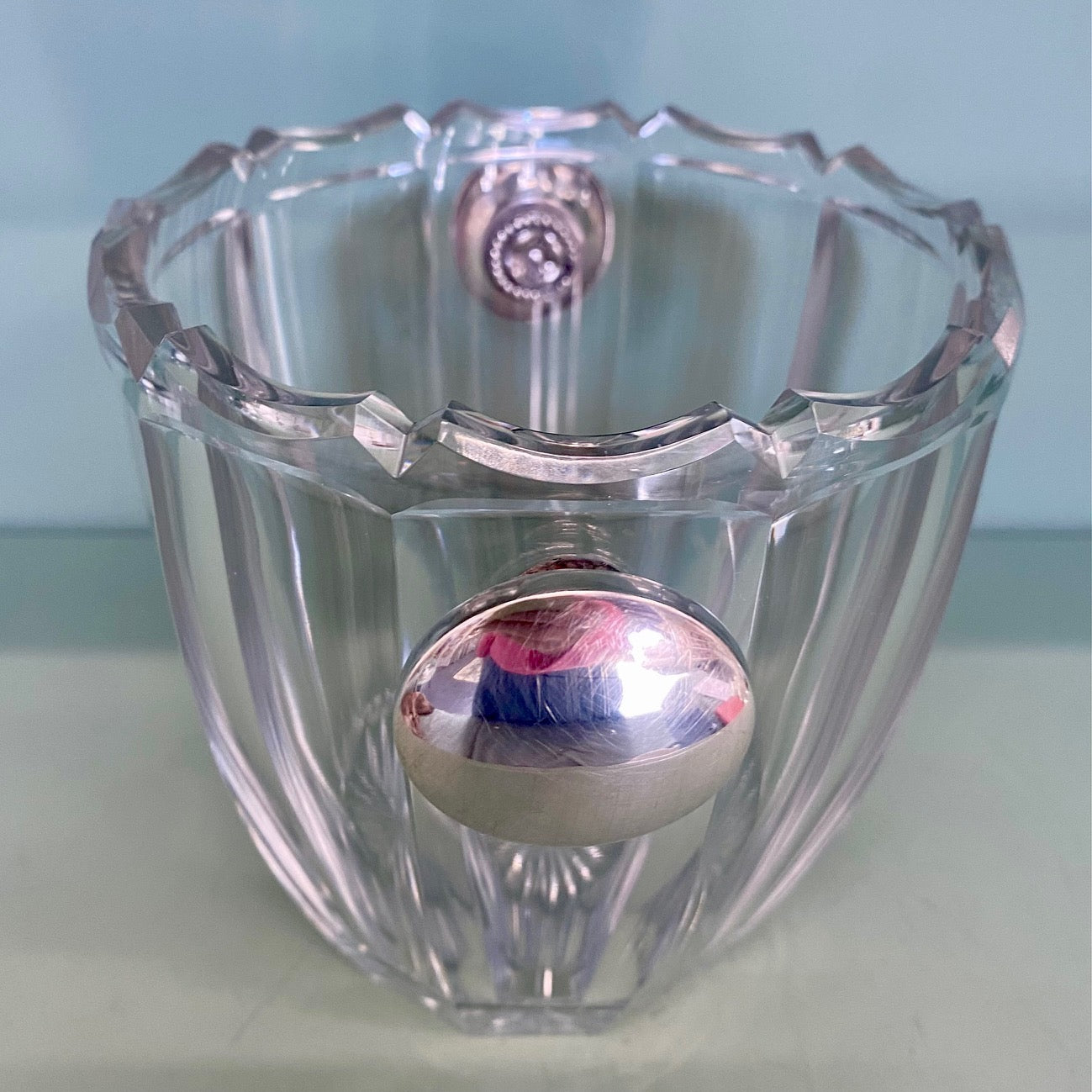 French Crystal Ice Bucket with Silver Handles and Matching Silver Tongs  I22