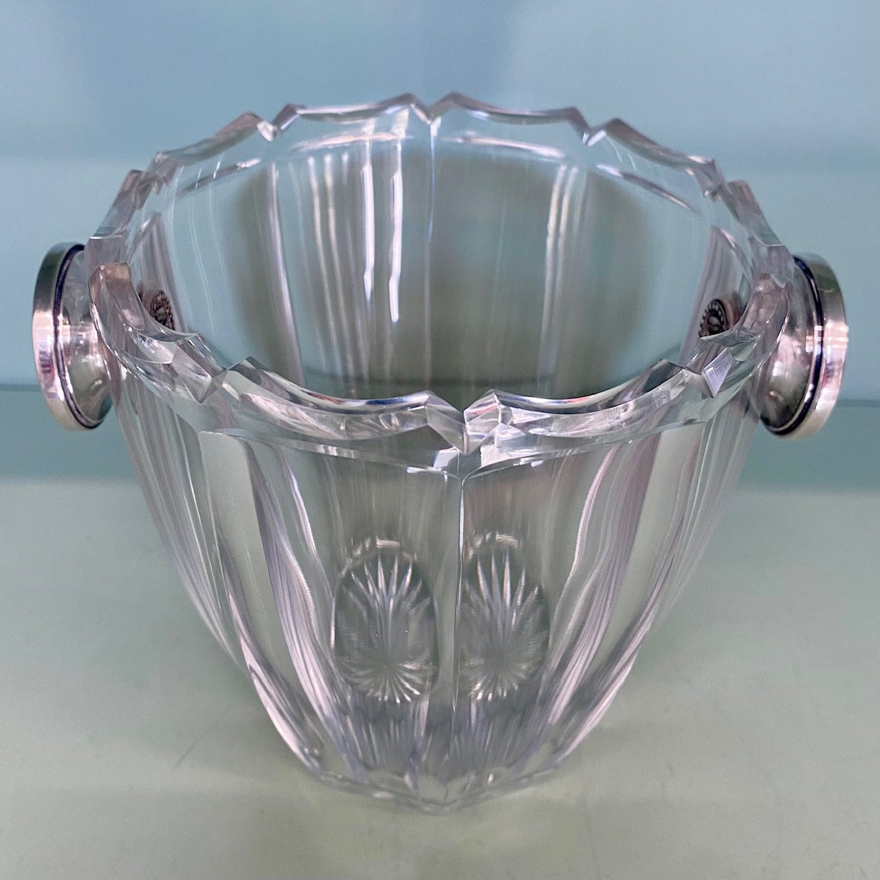 French Crystal Ice Bucket with Silver Handles and Matching Silver Tongs  I22