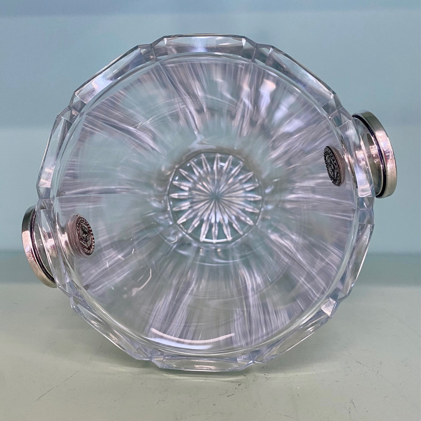 French Crystal Ice Bucket with Silver Handles and Matching Silver Tongs  I22
