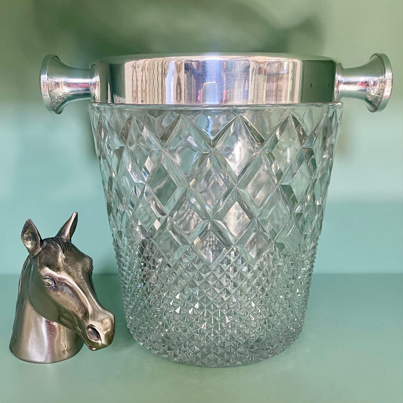 Cut Crystal Champagne Cooler with Silver Plated Rim and Handles  C176