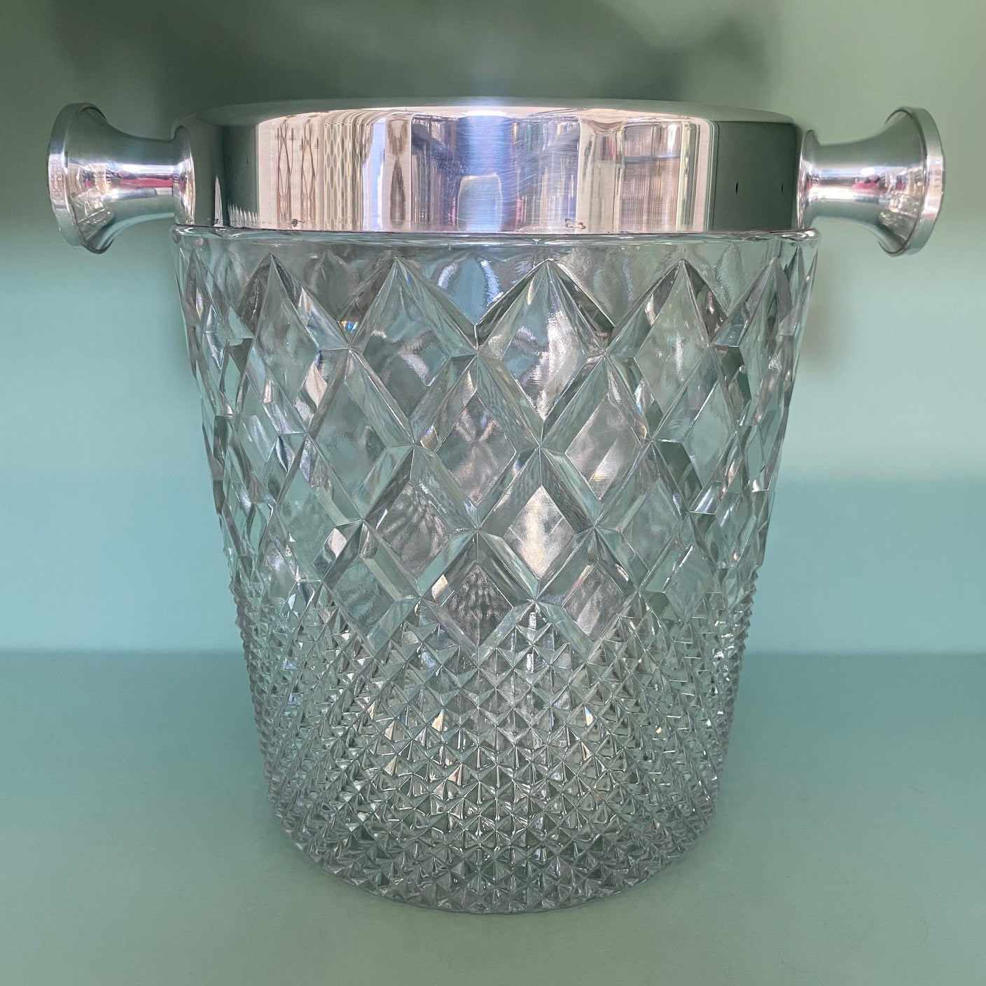 Cut Crystal Champagne Cooler with Silver Plated Rim and Handles  C176