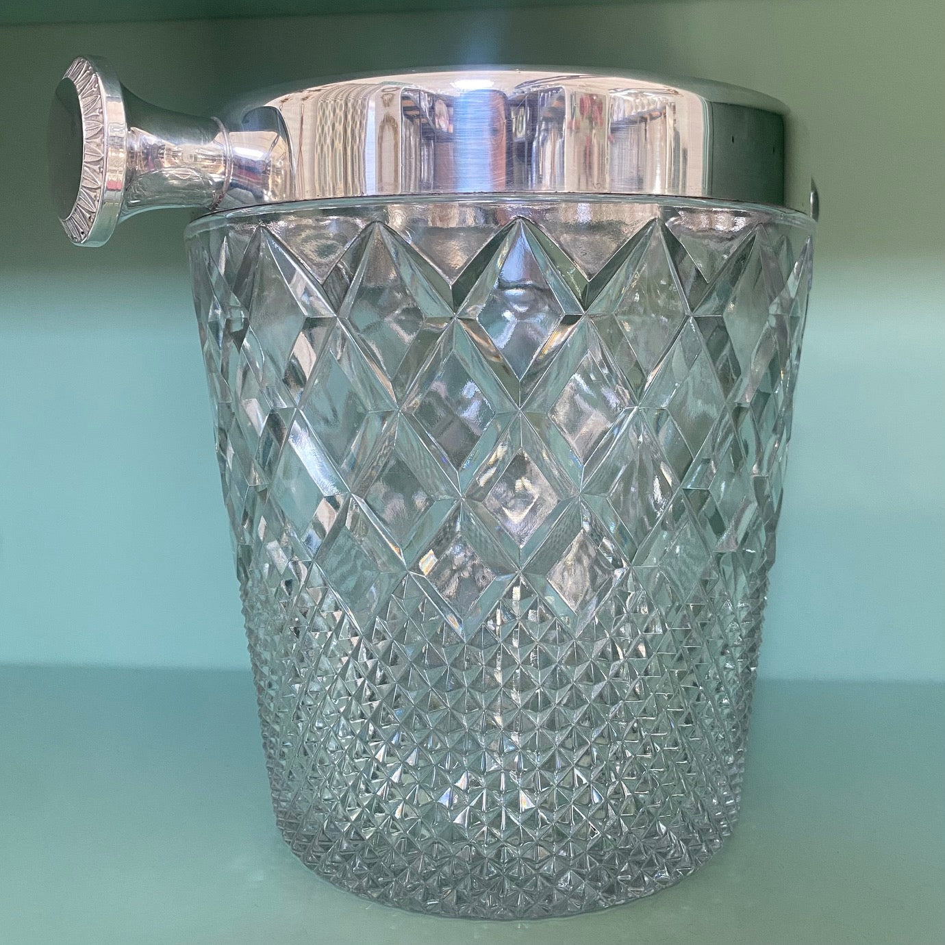 Cut Crystal Champagne Cooler with Silver Plated Rim and Handles  C176
