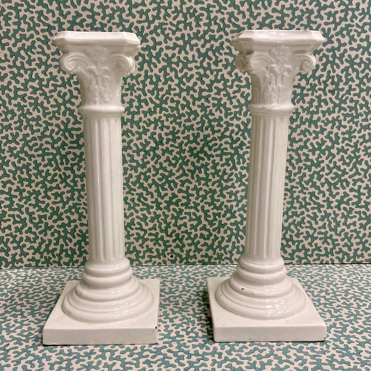 Pair Creamware Corinthian Candlesticks  C145