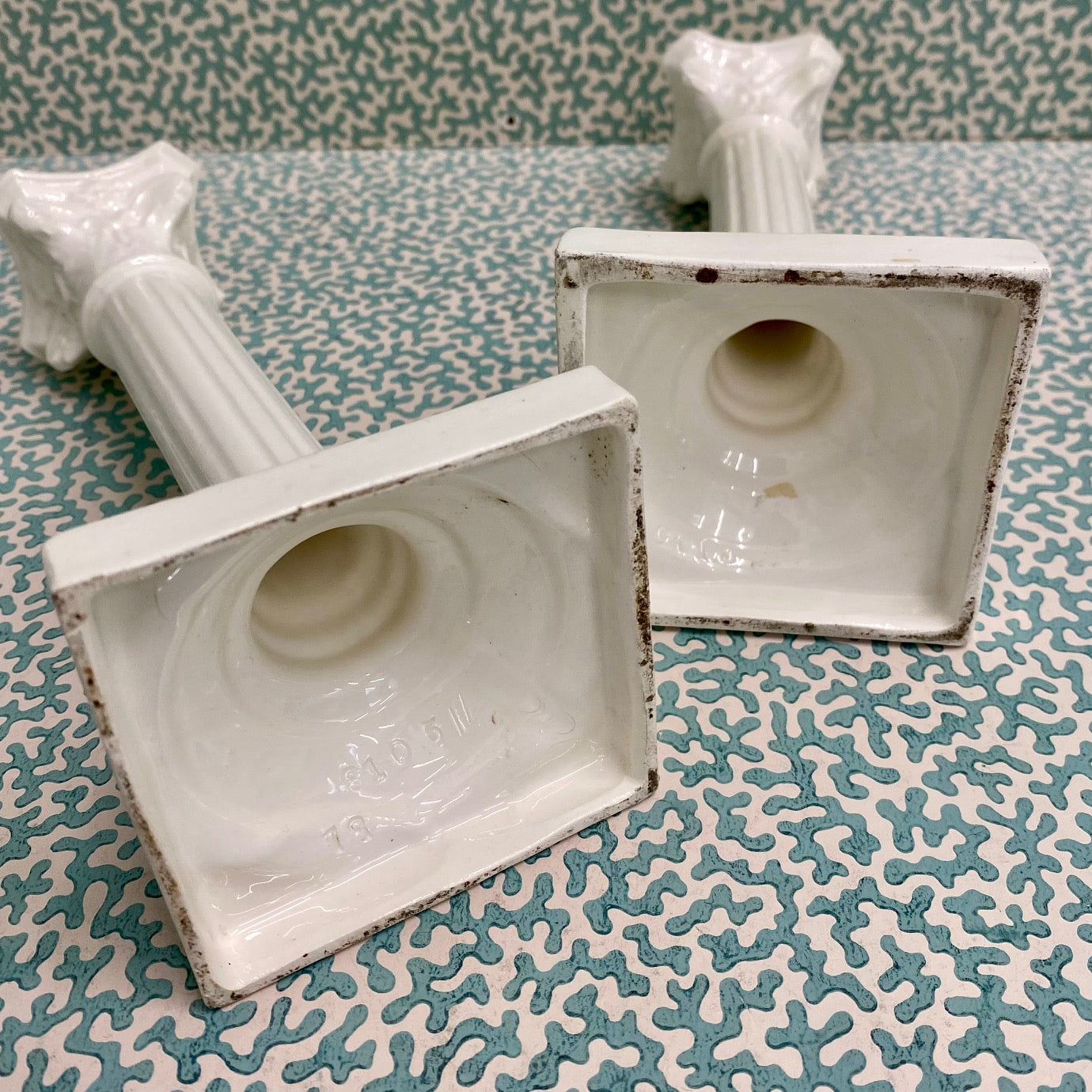 Pair Creamware Corinthian Candlesticks  C145
