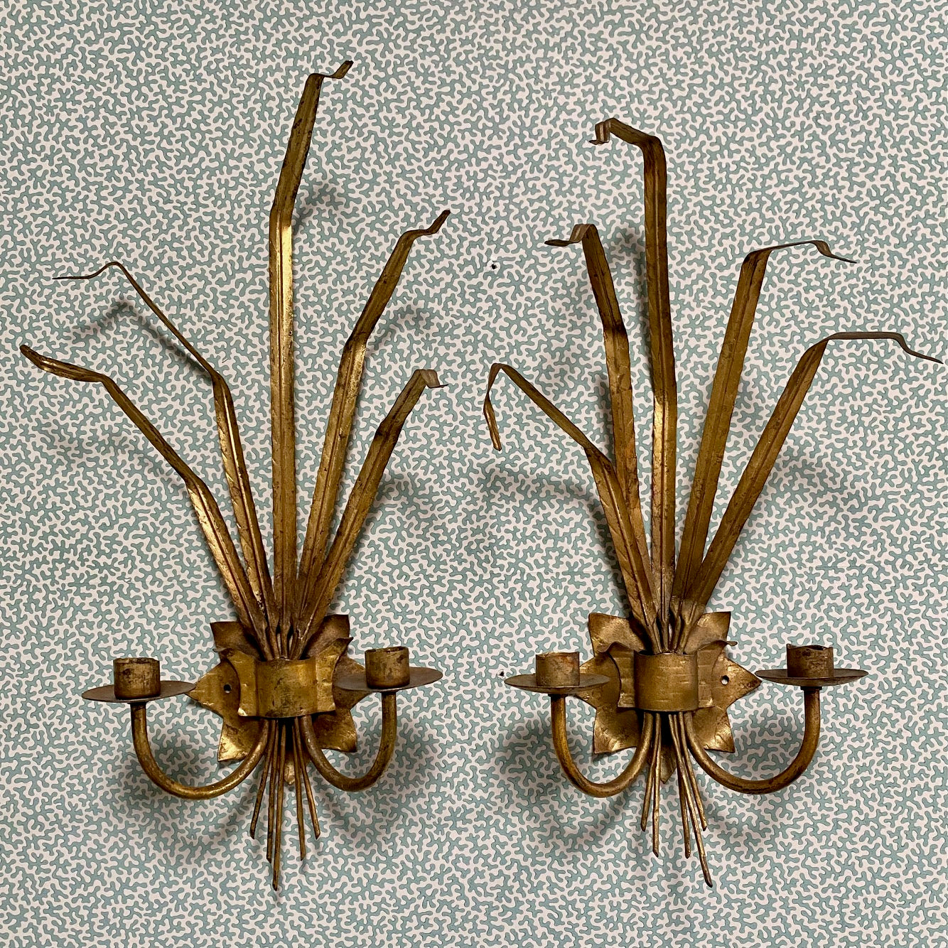 Pair Vintage Italian Gilt Tole Leaf Sconces  E193