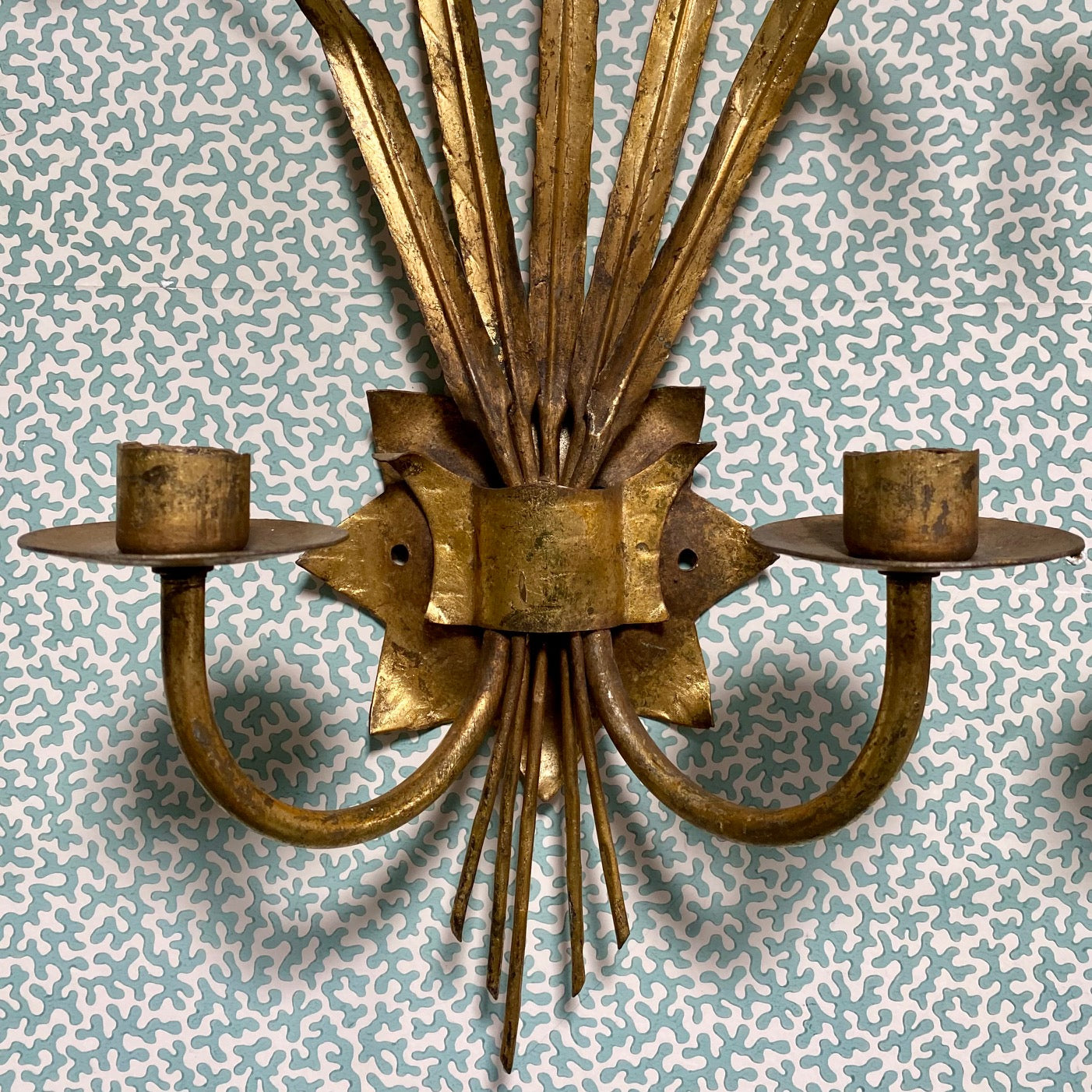 Pair Vintage Italian Gilt Tole Leaf Sconces  E193