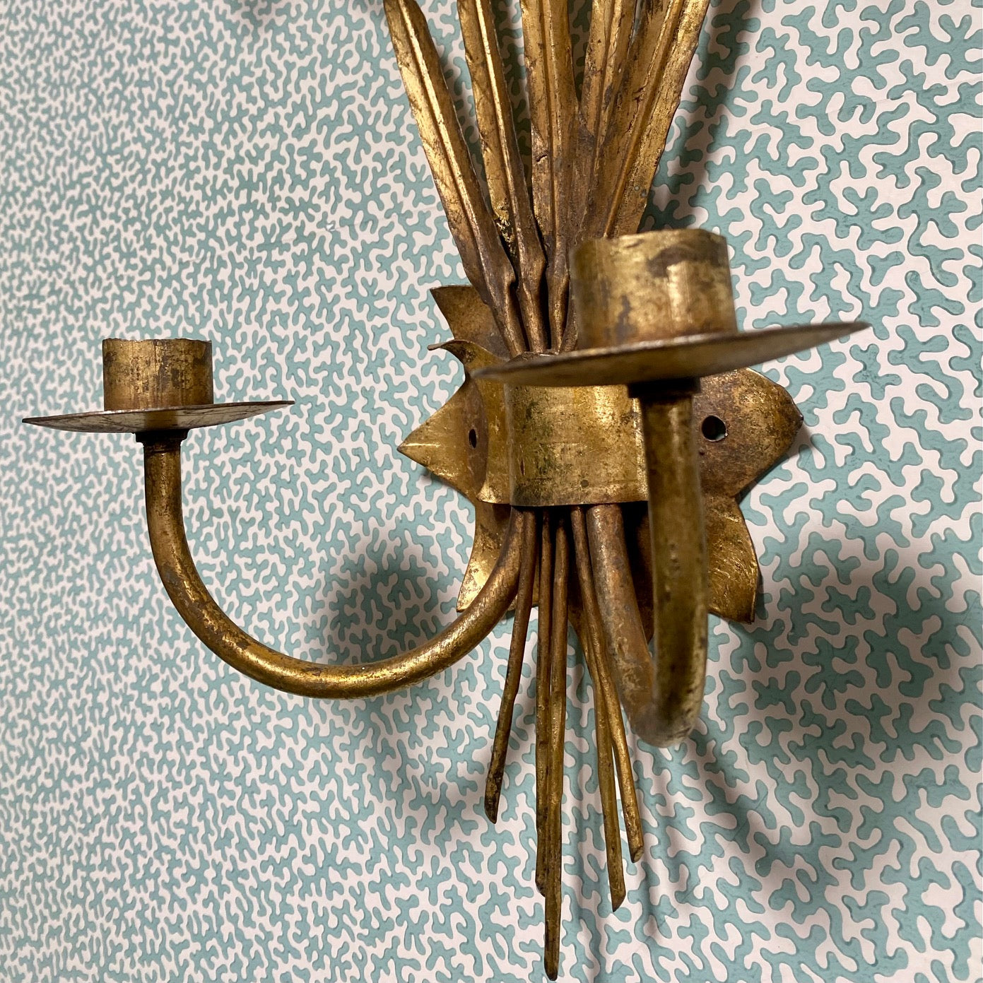 Pair Vintage Italian Gilt Tole Leaf Sconces  E193