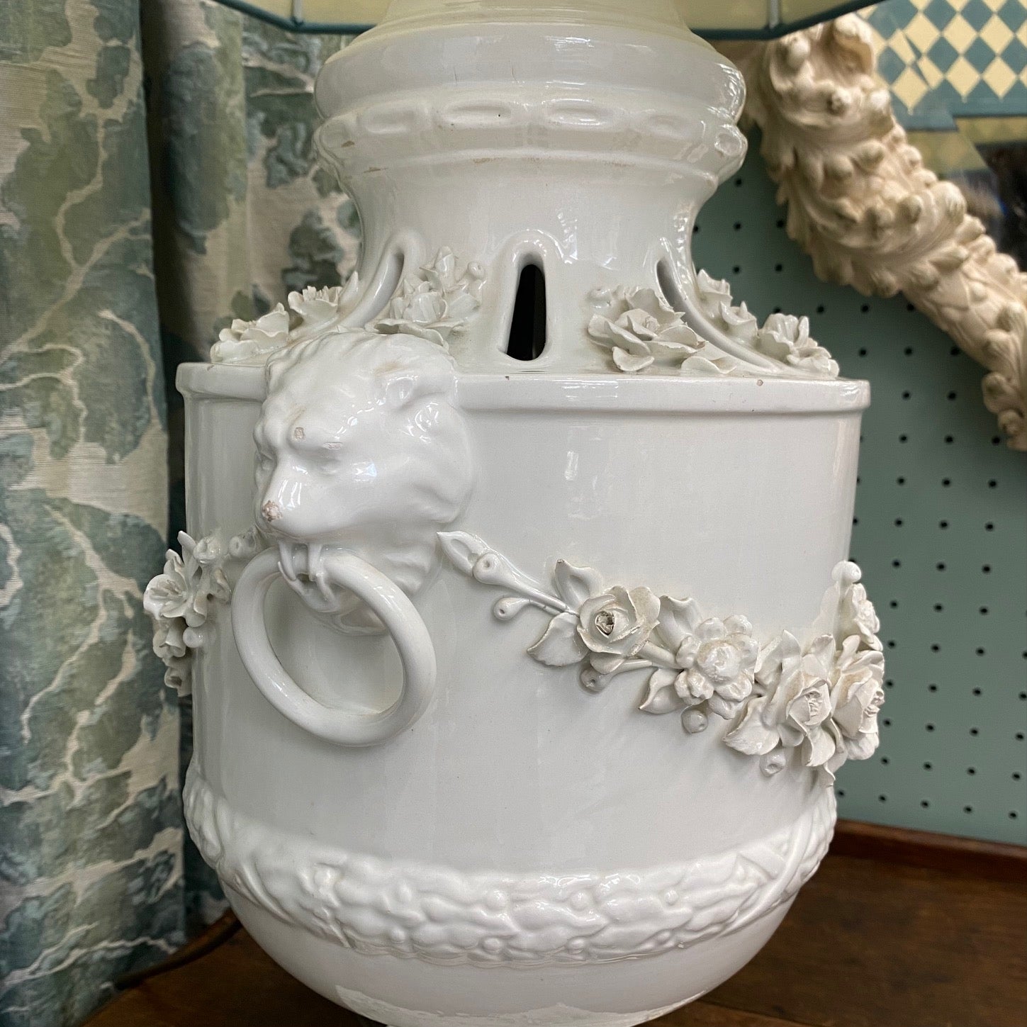 Large Urn Shaped Lamp with Floral Swag  F194