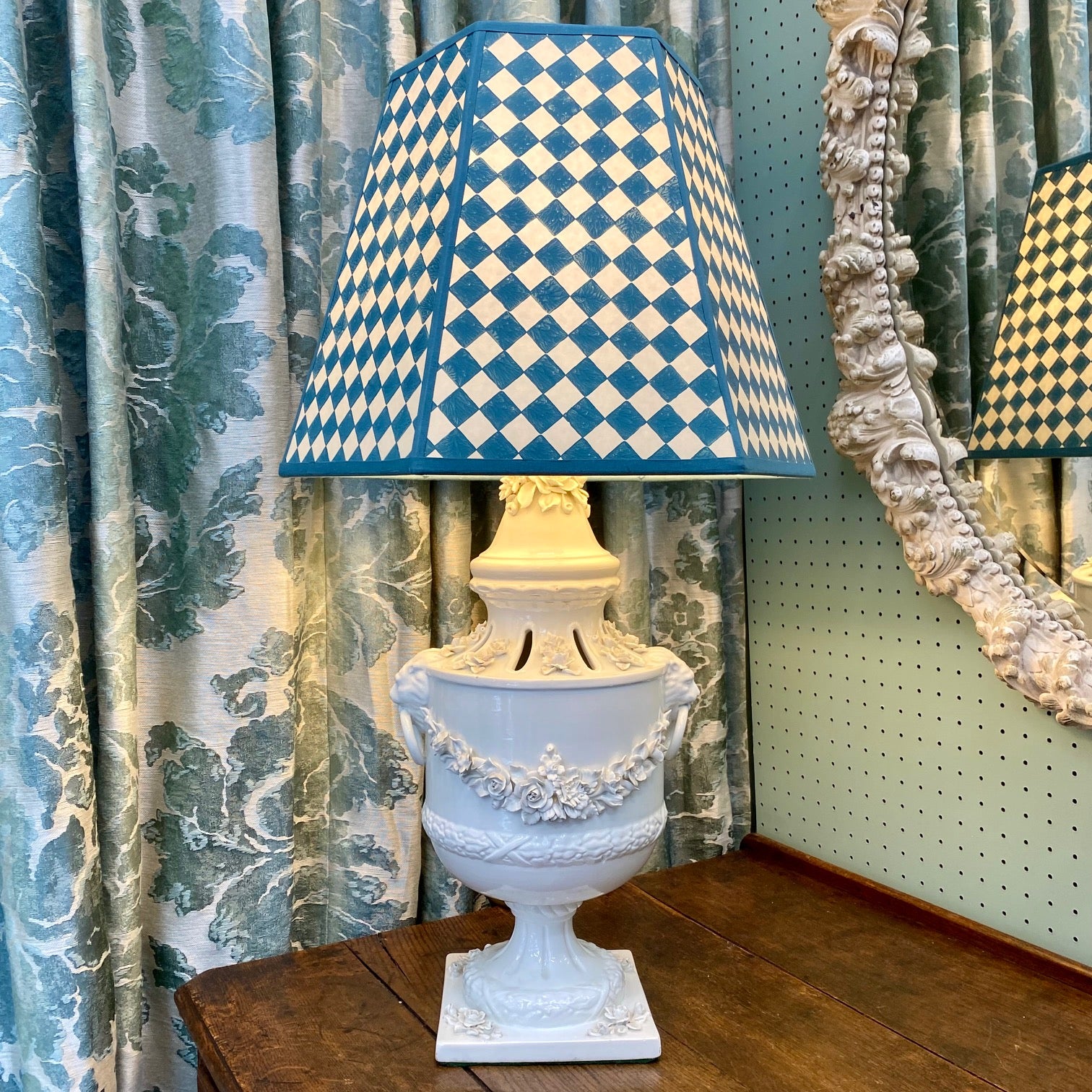 Large Urn Shaped Lamp with Floral Swag  F194