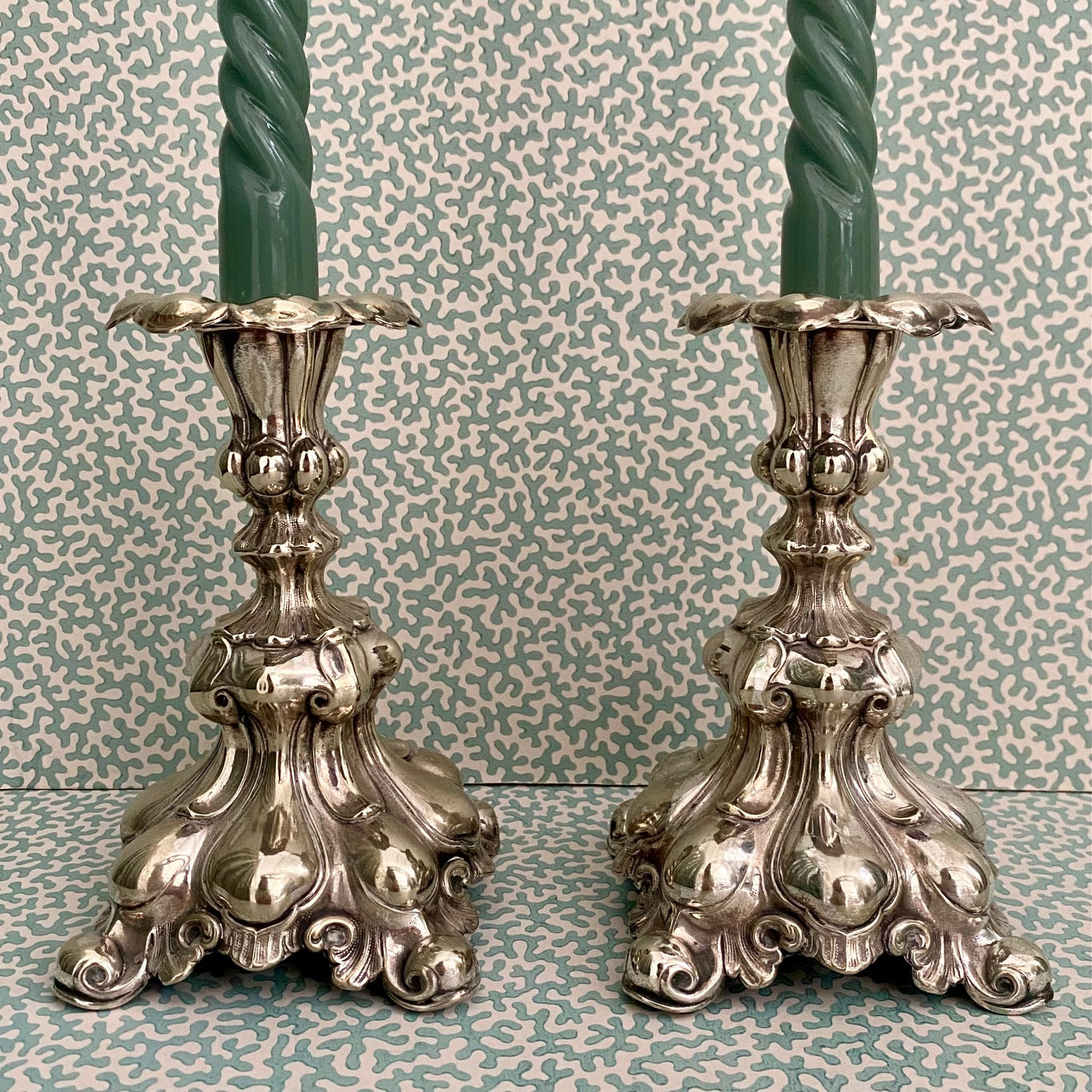 Pair Silver Plated Rococo Candlesticks  H156