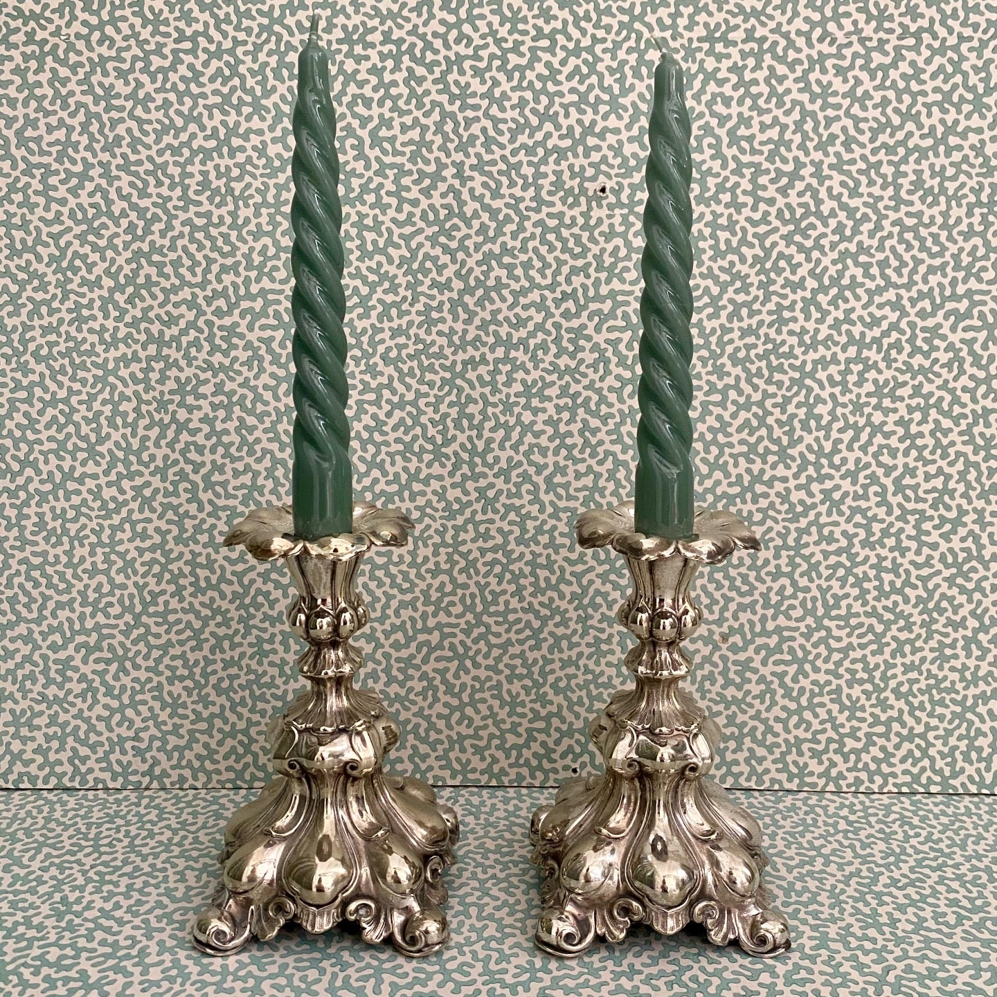 Pair Silver Plated Rococo Candlesticks  H156