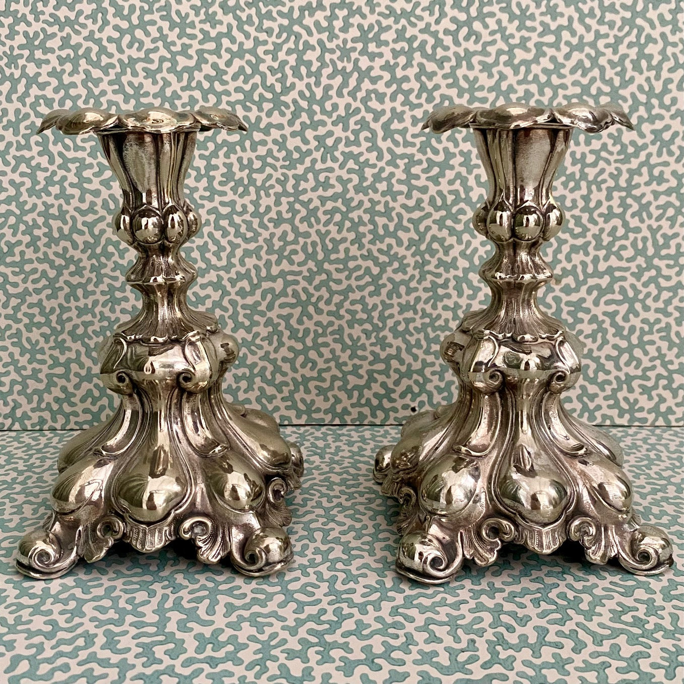 Pair Silver Plated Rococo Candlesticks  H156